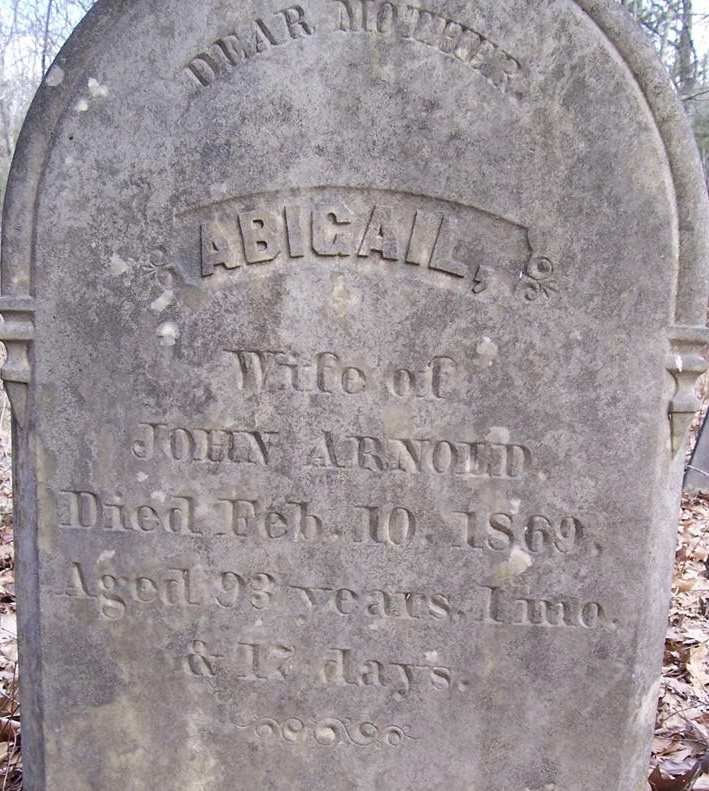 Headstone of Abigail, wife of John Arnold, who died in 1869, in the family cemetery at the Old Arnold Estate